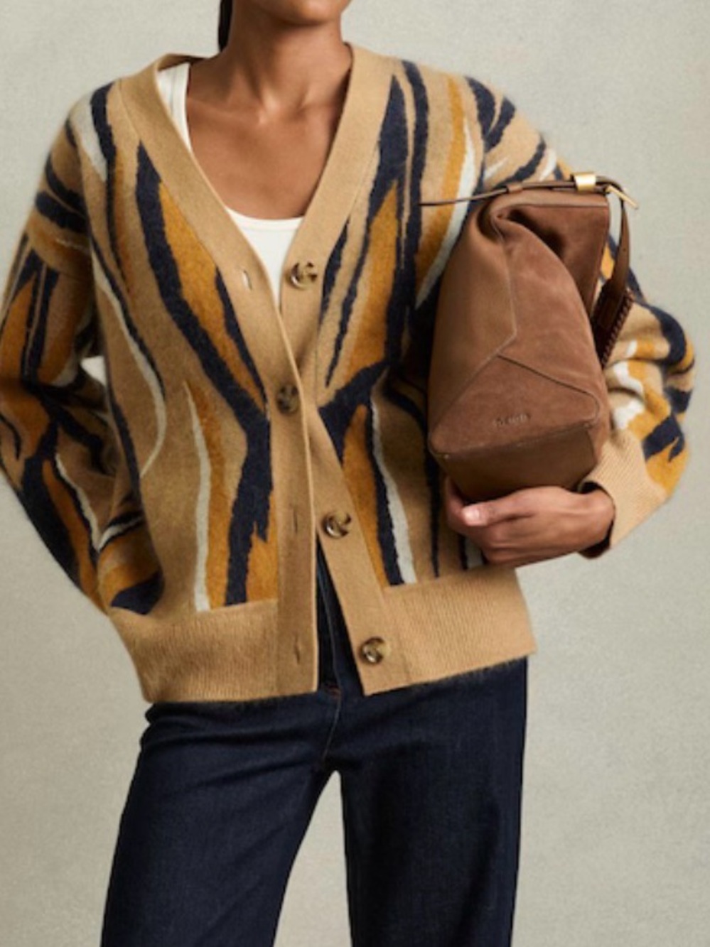 Serafina
Wool Cashmere Intarsia Stripe Cardigan in Camel